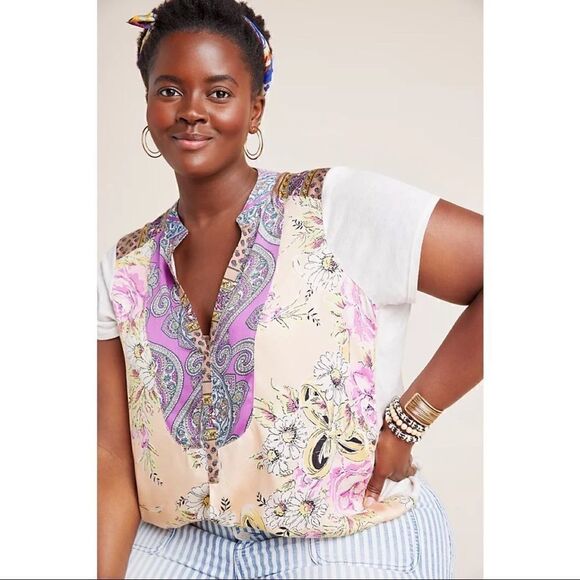 NEW Anthropologie Tiny Zadie Floral Blooms Spliced V-Neck Top Blouse X-Small - Picture 3 of 4